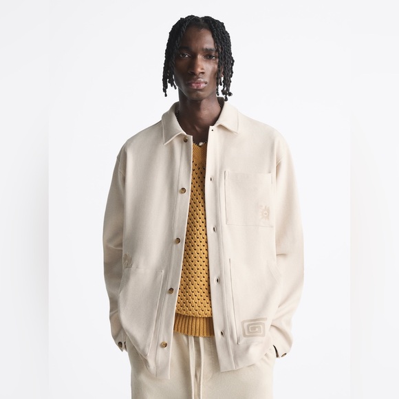 Zara Long Sleeve Shacket Jacket Celestial Design Mens Size XL Beige YinYang NWOT - Picture 1 of 4